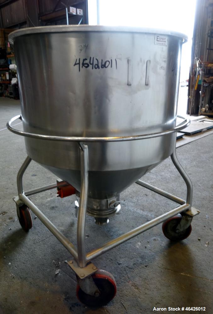 Used Expert Steel Fabricators Powder Tote Bin, Approximately 35 Cubic Feet, 304 Stainless Steel. 46" Diameter x 30" straight side x 22" coned bottom. Open top with a (1) piece cover. Bolt on Gemco sp...