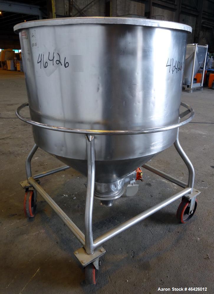 Used Expert Steel Fabricators Powder Tote Bin, Approximately 35 Cubic Feet, 304 Stainless Steel. 46" Diameter x 30" straight side x 22" coned bottom. Open top with a (1) piece cover. Bolt on Gemco sp...