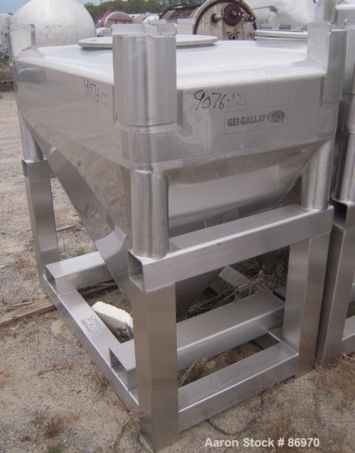Used GEI Gallay Stackable Tote Bin, Approximately 20 Cubic Feet, Stainless Steel. 43-1/2" wide x 28" long x 8" straight side x 36" coned bottom. Mounted on a forklift base, designed to sit on a cart ...