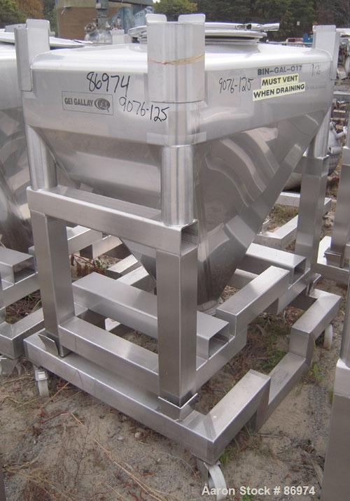 Used GEI Gallay Stackable Tote Bin, Approximately 20 Cubic Feet, Stainless Steel. 43-1/2" wide x 28" long x 8" straight side x 36" coned bottom. Mounted on a forklift base, designed to sit on a cart ...