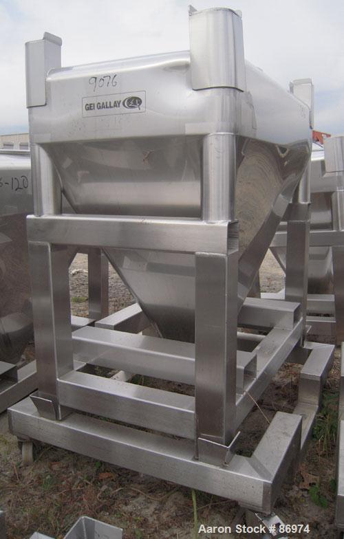 Used GEI Gallay Stackable Tote Bin, Approximately 20 Cubic Feet, Stainless Steel. 43-1/2" wide x 28" long x 8" straight side x 36" coned bottom. Mounted on a forklift base, designed to sit on a cart ...