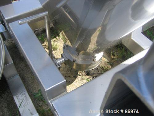 Used GEI Gallay Stackable Tote Bin, Approximately 20 Cubic Feet, Stainless Steel. 43-1/2" wide x 28" long x 8" straight side x 36" coned bottom. Mounted on a forklift base, designed to sit on a cart ...