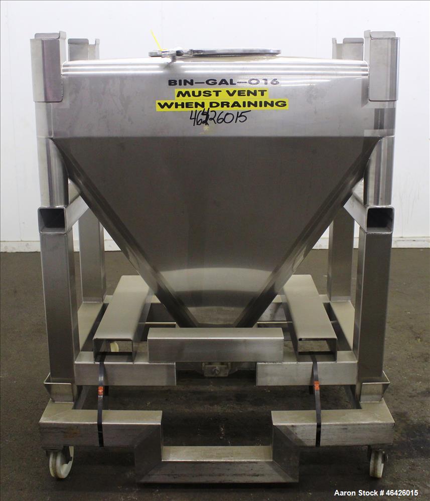 Used GEI Gallay Stackable Powder Tote Bin, Approximately 10 Cubic Feet, 316 Stainless Steel. Approximately 48" wide x 30" long x 10" straight side x 38" coned bottom. Flat top with an 18" opening wit...