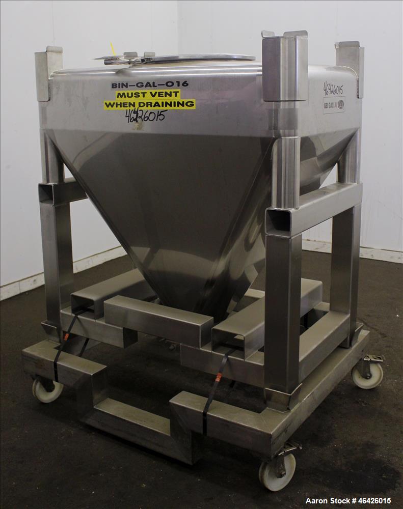 Used GEI Gallay Stackable Powder Tote Bin, Approximately 10 Cubic Feet, 316 Stainless Steel. Approximately 48" wide x 30" long x 10" straight side x 38" coned bottom. Flat top with an 18" opening wit...