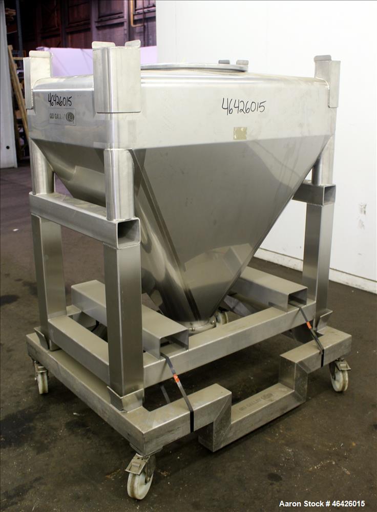 Used GEI Gallay Stackable Powder Tote Bin, Approximately 10 Cubic Feet, 316 Stainless Steel. Approximately 48" wide x 30" long x 10" straight side x 38" coned bottom. Flat top with an 18" opening wit...
