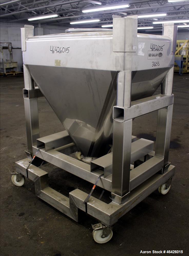 Used- GEI Gallay Stackable Powder Tote Bin, Approximately 10 Cubic Feet, 316 Stainless Steel. Approximately 48" wide x 30" l...