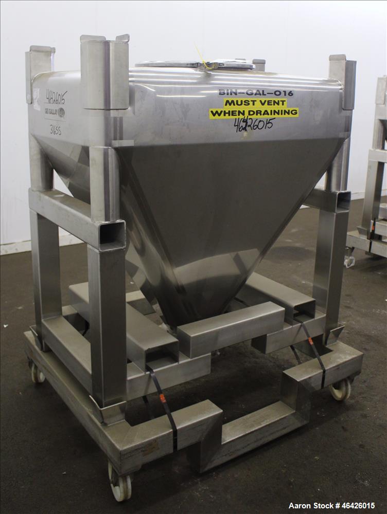 Used GEI Gallay Stackable Powder Tote Bin, Approximately 10 Cubic Feet, 316 Stainless Steel. Approximately 48" wide x 30" long x 10" straight side x 38" coned bottom. Flat top with an 18" opening wit...