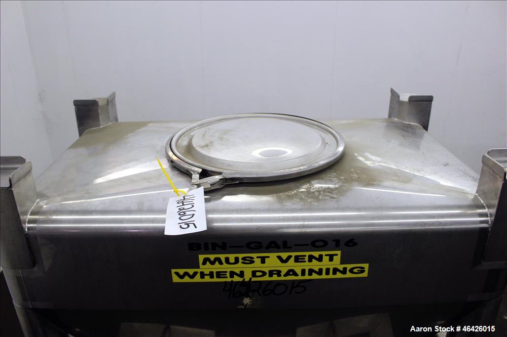 Used GEI Gallay Stackable Powder Tote Bin, Approximately 10 Cubic Feet, 316 Stainless Steel. Approximately 48" wide x 30" long x 10" straight side x 38" coned bottom. Flat top with an 18" opening wit...