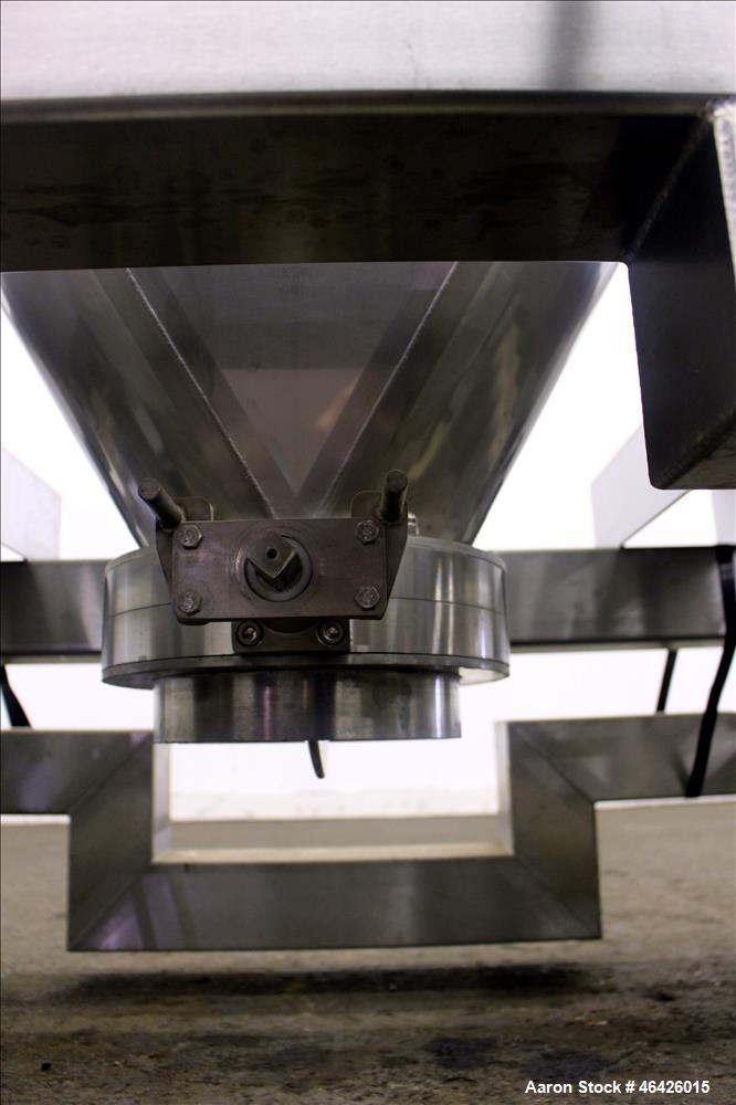 Used GEI Gallay Stackable Powder Tote Bin, Approximately 10 Cubic Feet, 316 Stainless Steel. Approximately 48" wide x 30" long x 10" straight side x 38" coned bottom. Flat top with an 18" opening wit...