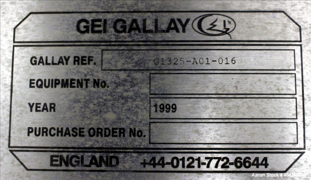 Used GEI Gallay Stackable Powder Tote Bin, Approximately 10 Cubic Feet, 316 Stainless Steel. Approximately 48" wide x 30" long x 10" straight side x 38" coned bottom. Flat top with an 18" opening wit...