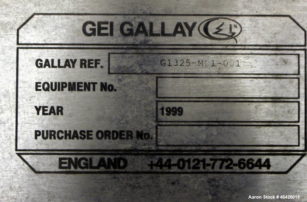 Used GEI Gallay Stackable Powder Tote Bin, Approximately 10 Cubic Feet, 316 Stainless Steel. Approximately 48" wide x 30" long x 10" straight side x 38" coned bottom. Flat top with an 18" opening wit...
