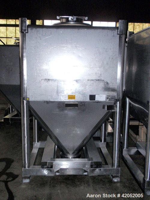 Used Gallay Stackable Tote Bin, 65 cubic feet (2000 liter), 316 stainless steel. 51-1/2" long x 44-1/2" wide x 37" straight side x 36" coned bottom. Openings: 20" top with a 10" valve on the cover; 1...