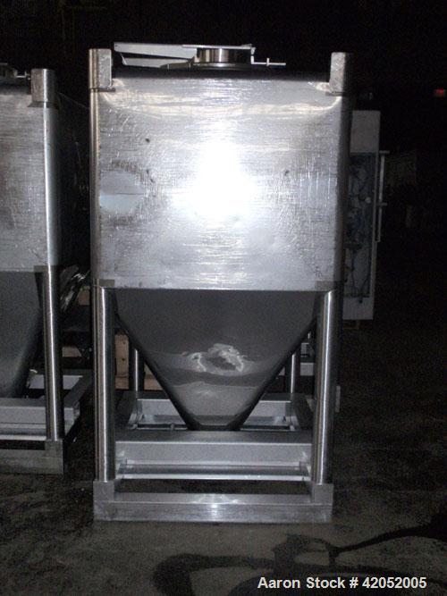 Used Gallay Stackable Tote Bin, 65 cubic feet (2000 liter), 316 stainless steel. 51-1/2" long x 44-1/2" wide x 37" straight side x 36" coned bottom. Openings: 20" top with a 10" valve on the cover; 1...