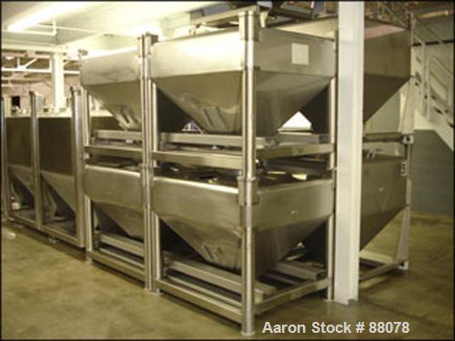 Used Gallay Tote Bin, Approximately 28 Cubic Feet, Stainless Steel. 54" x 45" x 12" straight side x 26" cone bottom. 16" inlet, 10" outlet. Forklift entry.