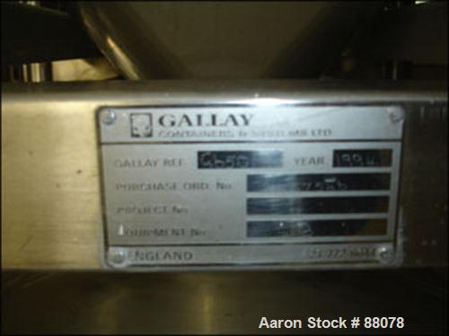 Used Gallay Tote Bin, Approximately 28 Cubic Feet, Stainless Steel. 54" x 45" x 12" straight side x 26" cone bottom. 16" inlet, 10" outlet. Forklift entry.