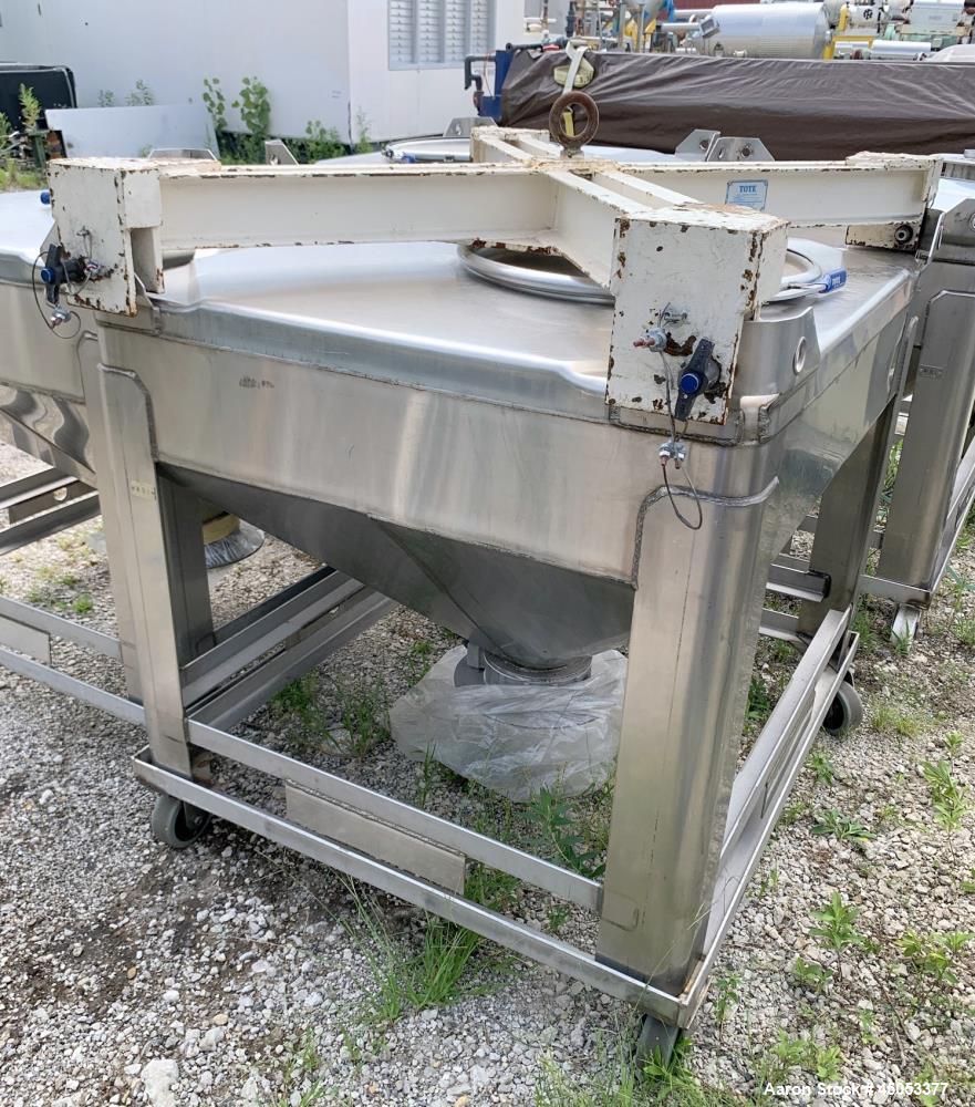 Used Hoover Industrial Tote Bin, 304 Stainless Steel. Approximate 48" x 42" x 10" straight side x 28" long cone. Flat top, cone bottom. Openings top: 23" manway with cover, side: 6" x 3" sight glass....