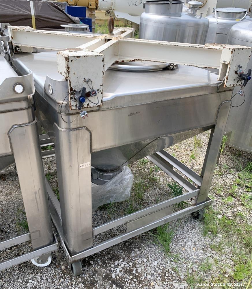 Used Hoover Industrial Tote Bin, 304 Stainless Steel. Approximate 48" x 42" x 10" straight side x 28" long cone. Flat top, cone bottom. Openings top: 23" manway with cover, side: 6" x 3" sight glass....