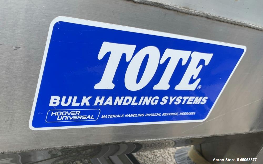 Used Hoover Industrial Tote Bin, 304 Stainless Steel. Approximate 48" x 42" x 10" straight side x 28" long cone. Flat top, cone bottom. Openings top: 23" manway with cover, side: 6" x 3" sight glass....