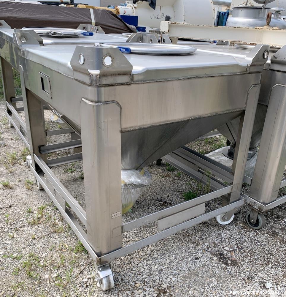 Used Hoover Industrial Tote Bin, 304 Stainless Steel. Approximate 48" x 42" x 10" straight side x 28" long cone. Flat top, cone bottom. Openings top: 23" manway with cover, side: 6" x 3" sight glass....