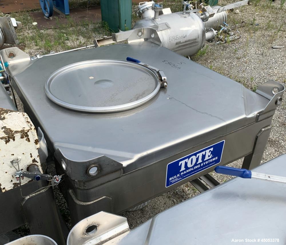 Used Hoover Industrial Tote Bin, 304 Stainless Steel. Approximate 48" x 42" x 10" straight side x 28" long cone. Flat top, cone bottom. Openings top: 23" manway with cover, side: 6" x 3" sight glass....