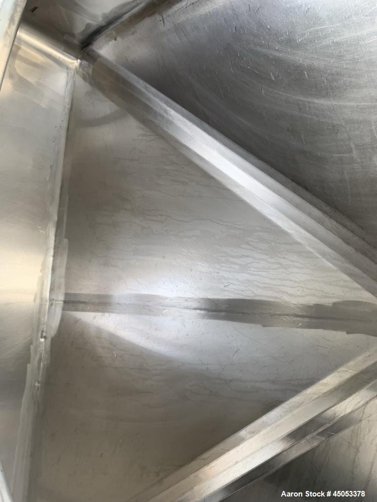 Used Hoover Industrial Tote Bin, 304 Stainless Steel. Approximate 48" x 42" x 10" straight side x 28" long cone. Flat top, cone bottom. Openings top: 23" manway with cover, side: 6" x 3" sight glass....
