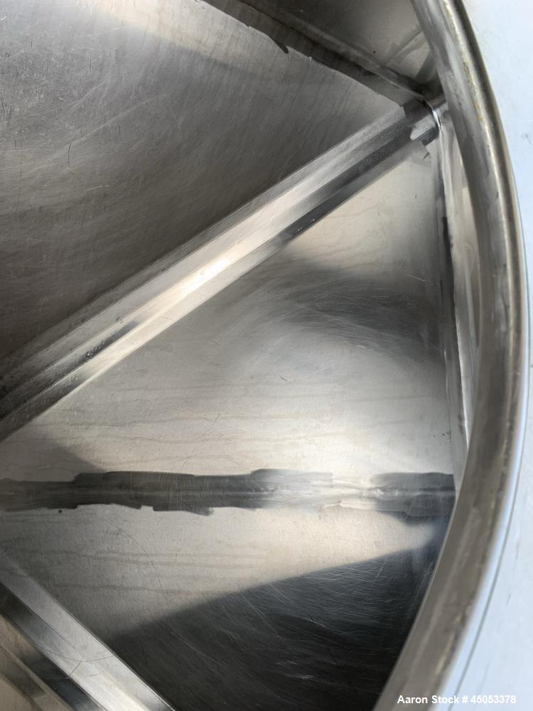 Used Hoover Industrial Tote Bin, 304 Stainless Steel. Approximate 48" x 42" x 10" straight side x 28" long cone. Flat top, cone bottom. Openings top: 23" manway with cover, side: 6" x 3" sight glass....