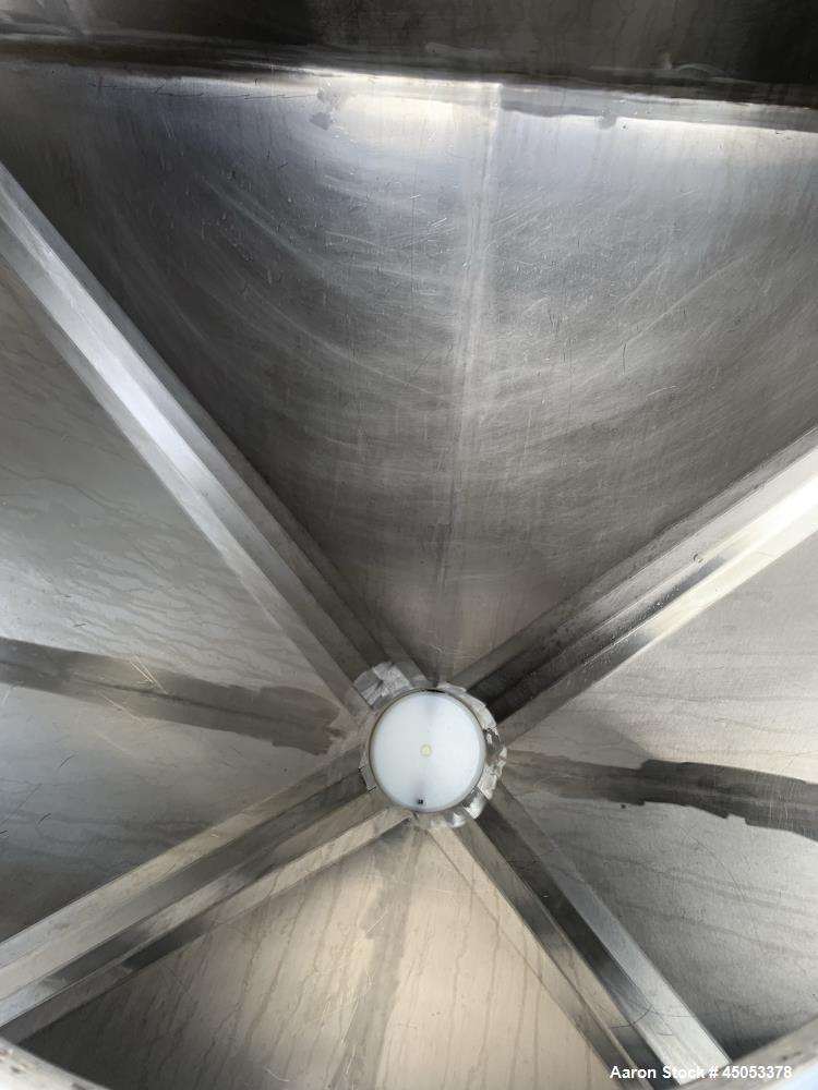 Used Hoover Industrial Tote Bin, 304 Stainless Steel. Approximate 48" x 42" x 10" straight side x 28" long cone. Flat top, cone bottom. Openings top: 23" manway with cover, side: 6" x 3" sight glass....