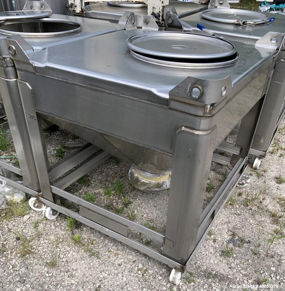 Used Hoover Industrial Tote Bin, 304 Stainless Steel. Approximate 48" x 42" x 10" straight side x 28" long cone. Flat top, cone bottom. Openings top: 23" manway with cover, side: 6" x 3" sight glass....