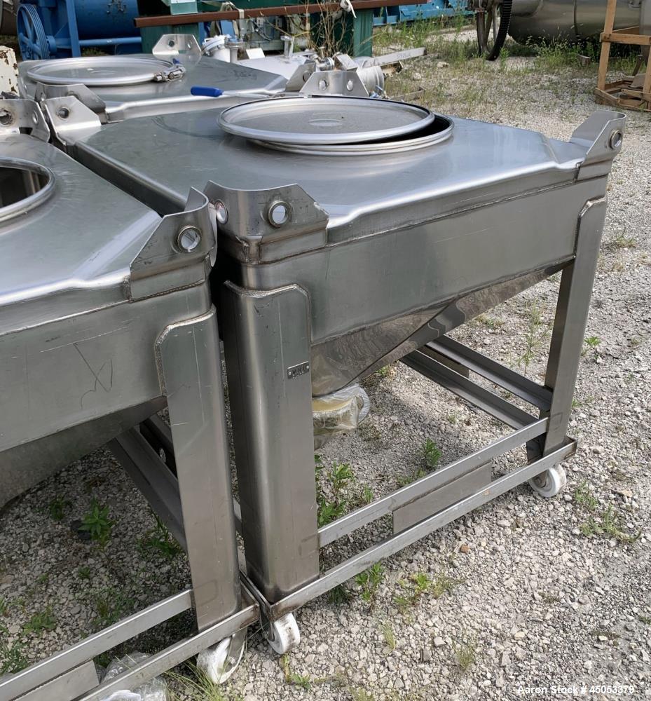 Used Hoover Industrial Tote Bin, 304 Stainless Steel. Approximate 48" x 42" x 10" straight side x 28" long cone. Flat top, cone bottom. Openings top: 23" manway with cover, side: 6" x 3" sight glass....