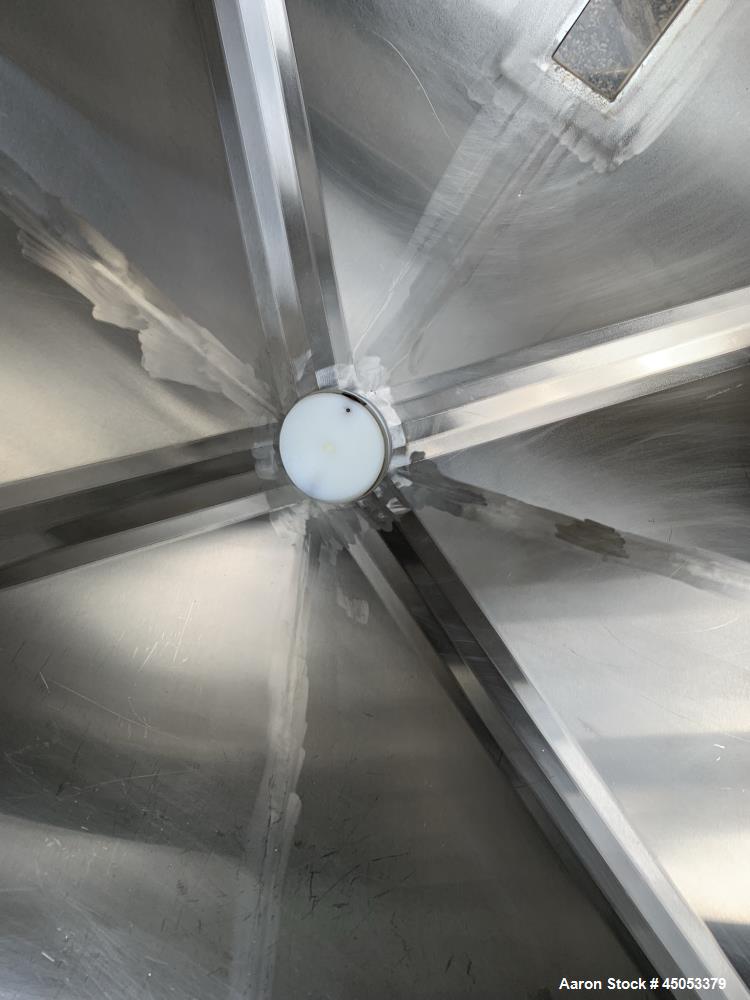 Used Hoover Industrial Tote Bin, 304 Stainless Steel. Approximate 48" x 42" x 10" straight side x 28" long cone. Flat top, cone bottom. Openings top: 23" manway with cover, side: 6" x 3" sight glass....