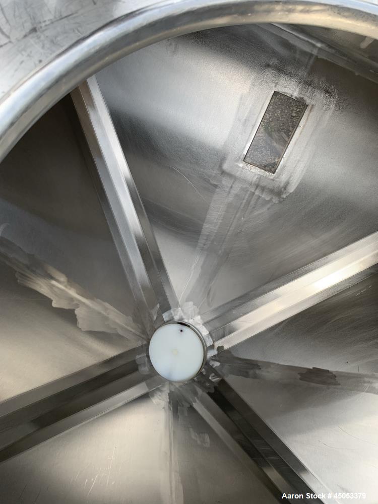 Used Hoover Industrial Tote Bin, 304 Stainless Steel. Approximate 48" x 42" x 10" straight side x 28" long cone. Flat top, cone bottom. Openings top: 23" manway with cover, side: 6" x 3" sight glass....