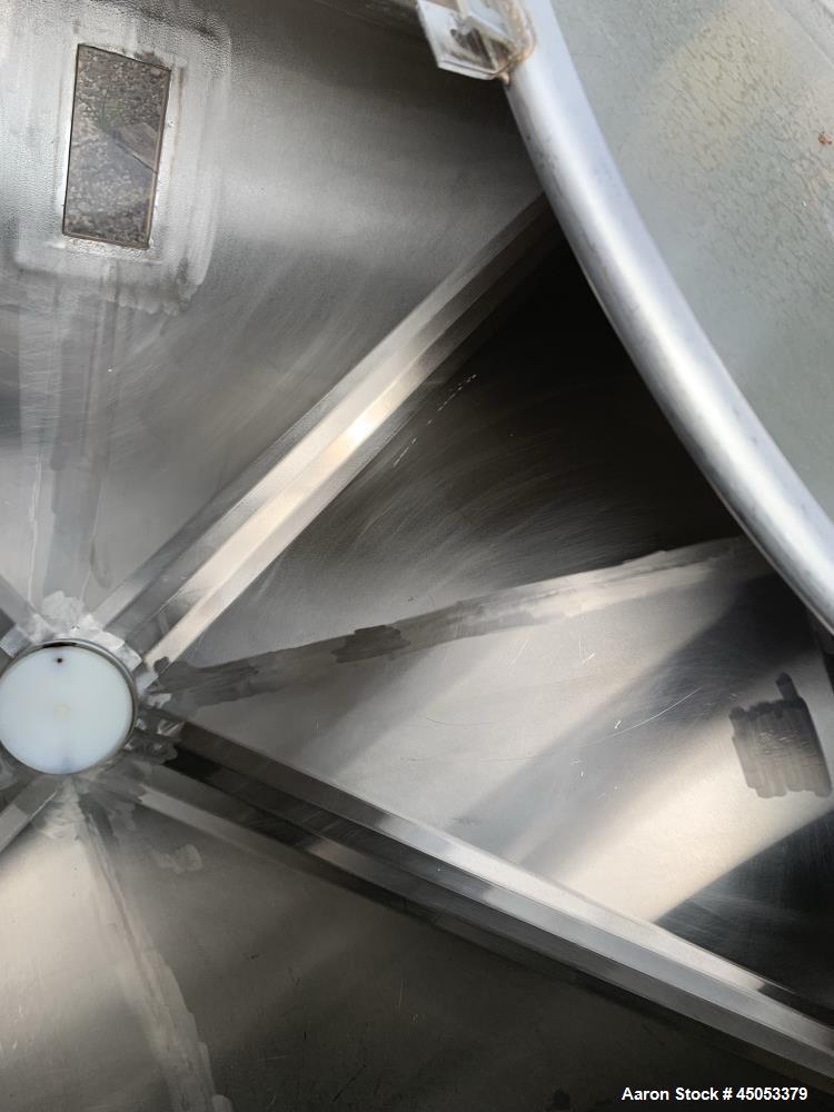 Used Hoover Industrial Tote Bin, 304 Stainless Steel. Approximate 48" x 42" x 10" straight side x 28" long cone. Flat top, cone bottom. Openings top: 23" manway with cover, side: 6" x 3" sight glass....