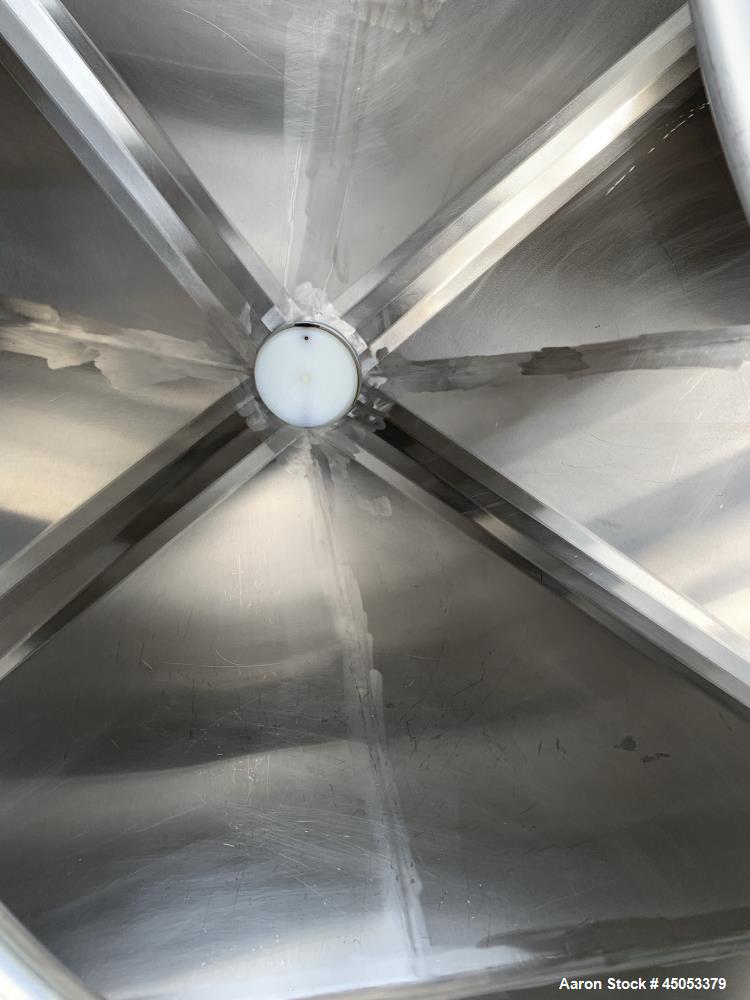 Used Hoover Industrial Tote Bin, 304 Stainless Steel. Approximate 48" x 42" x 10" straight side x 28" long cone. Flat top, cone bottom. Openings top: 23" manway with cover, side: 6" x 3" sight glass....