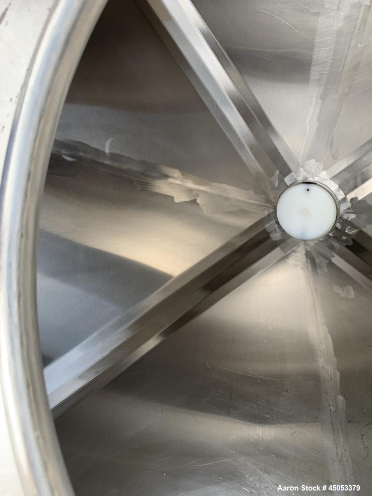 Used Hoover Industrial Tote Bin, 304 Stainless Steel. Approximate 48" x 42" x 10" straight side x 28" long cone. Flat top, cone bottom. Openings top: 23" manway with cover, side: 6" x 3" sight glass....