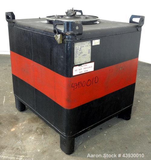 Used Hoover Group Liquid Tote Bin, 350 Gallon (46.77 cubic feet), Carbon Steel. Rated internal 9.5 psig, DOT 57 specification. Approximate 48” long x 43” wide x 36” deep, flat top and bottom. 22” Dia...