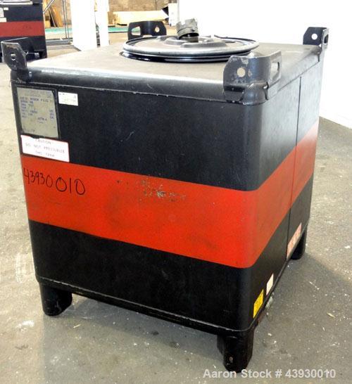 Used Hoover Group Liquid Tote Bin, 350 Gallon (46.77 cubic feet), Carbon Steel. Rated internal 9.5 psig, DOT 57 specification. Approximate 48” long x 43” wide x 36” deep, flat top and bottom. 22” Dia...