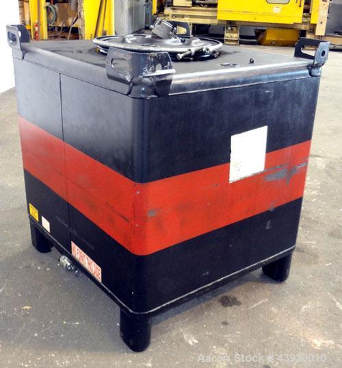 Used Hoover Group Liquid Tote Bin, 350 Gallon (46.77 cubic feet), Carbon Steel. Rated internal 9.5 psig, DOT 57 specification. Approximate 48” long x 43” wide x 36” deep, flat top and bottom. 22” Dia...