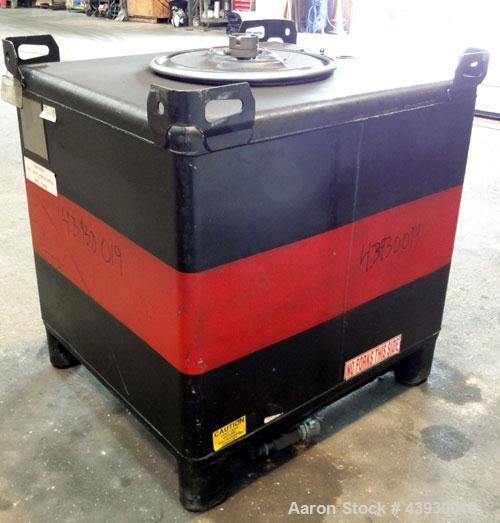 Used Hoover Group Liquid Tote Bin, 350 Gallon (46.77 cubic feet), Carbon Steel. Rated internal 9.5 psig, DOT 57 specification. Approximate 48" long x 43" wide x 36" deep, flat top and bottom. 22" Dia...