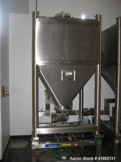 Used Zanchetta (IMA) PH Tote Bin, approximately 52.9 cubic feet (1500 liter), stainless steel. 46" long x 46" wide x 30" straight side x 39" cone bottom. Top opening, 10" discharge with valve. Mounte...