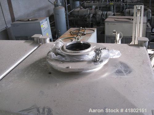 Used Zanchetta (IMA) PH Tote Bin, approximately 52.9 cubic feet (1500 liter), stainless steel. 46" long x 46" wide x 30" straight side x 39" cone bottom. Top opening, 10" discharge with valve. Mounte...