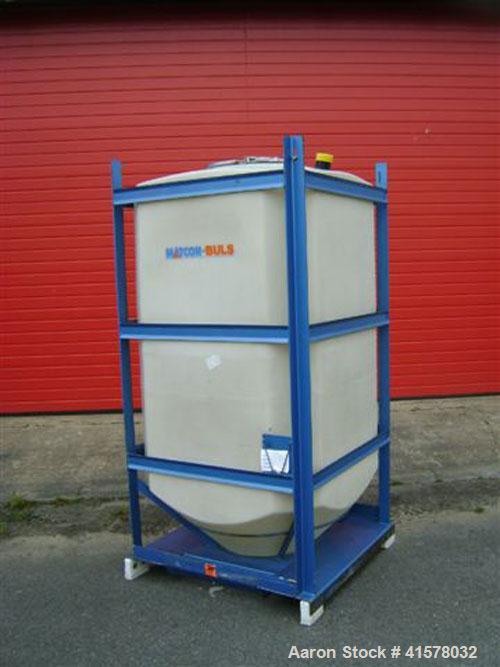 Used Matcon-Buls "R" Series Intermediate Bulk Container, approximately 79.4 cubic feet (2250 liter), polyethylene. Approximately 43" wide x 43" long x 63" straight side x 15" coned bottom. Top manway...