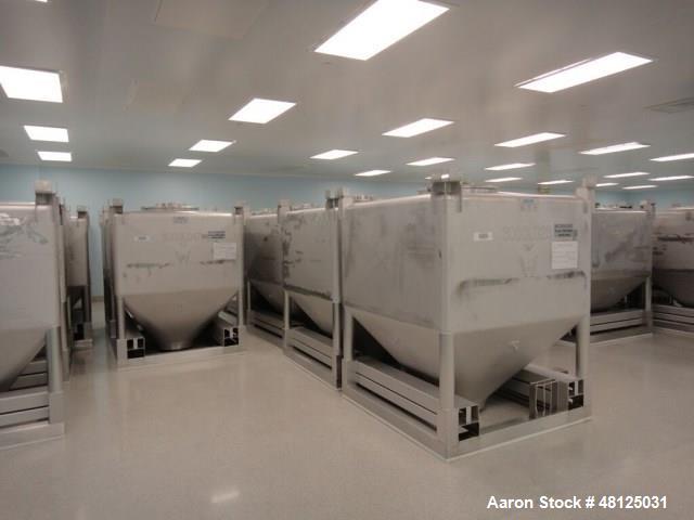 Used MATCON / IBC 3000 Liter (792 Gallon) Bin, 106 Cubic Feet, 316L Stainless Steel. Approximate 1500mm x 1500mm x 984mm straight side x 818mm cone bottom. 630mm top opening. 467mm bottom outlet. Sta...