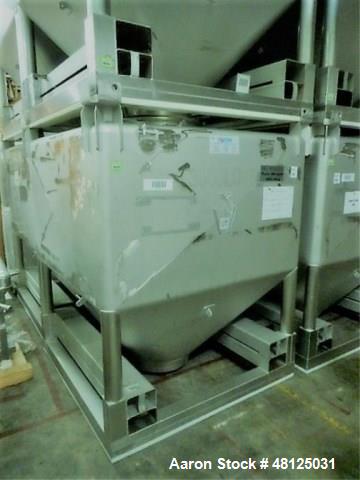 Used MATCON / IBC 3000 Liter (792 Gallon) Bin, 106 Cubic Feet, 316L Stainless Steel. Approximate 1500mm x 1500mm x 984mm straight side x 818mm cone bottom. 630mm top opening. 467mm bottom outlet. Sta...