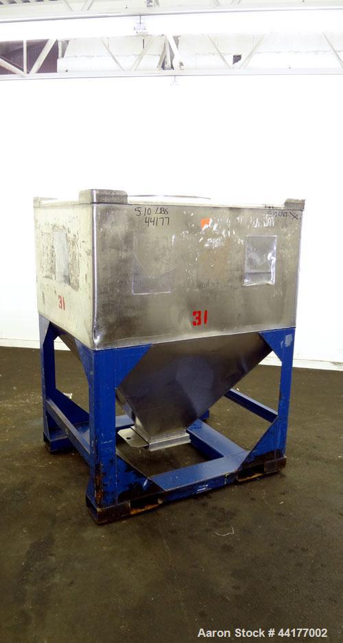 Used Mid-States Manufacturing & Engineering Powder Tote Bin, 304 Stainless Steel. Approximate 56.8 cubic feet capacity. 53” Long x 44” wide x 27.5” straight side x 35” coned bottom. 23” Diameter top ...