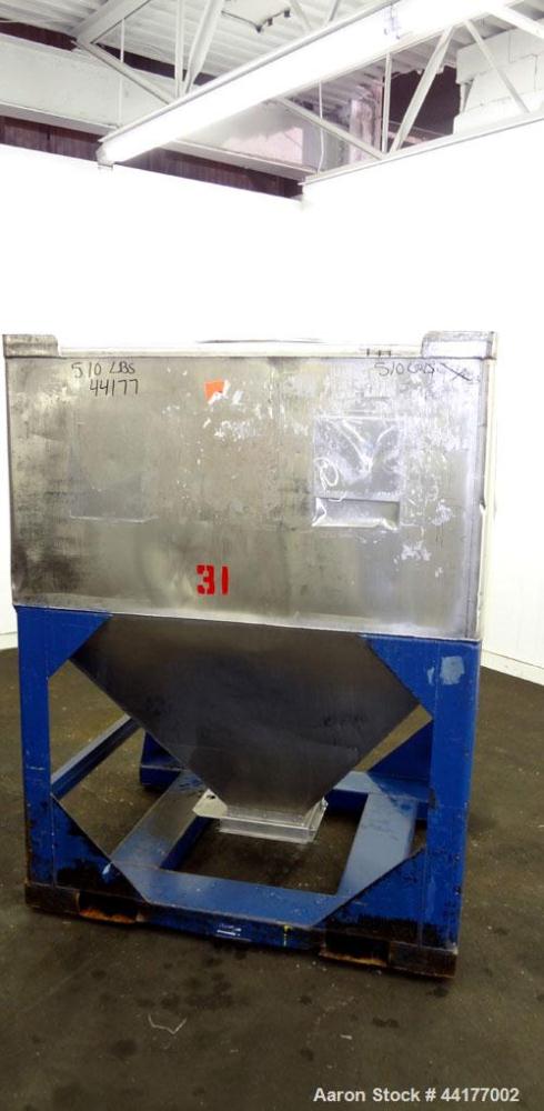 Used Mid-States Manufacturing & Engineering Powder Tote Bin, 304 Stainless Steel. Approximate 56.8 cubic feet capacity. 53” Long x 44” wide x 27.5” straight side x 35” coned bottom. 23” Diameter top ...