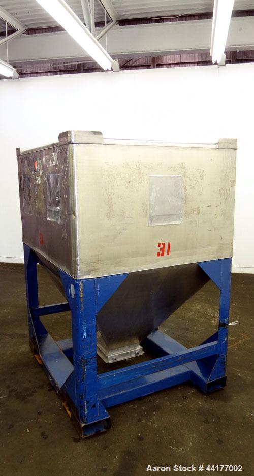 Used Mid-States Manufacturing & Engineering Powder Tote Bin, 304 Stainless Steel. Approximate 56.8 cubic feet capacity. 53” Long x 44” wide x 27.5” straight side x 35” coned bottom. 23” Diameter top ...