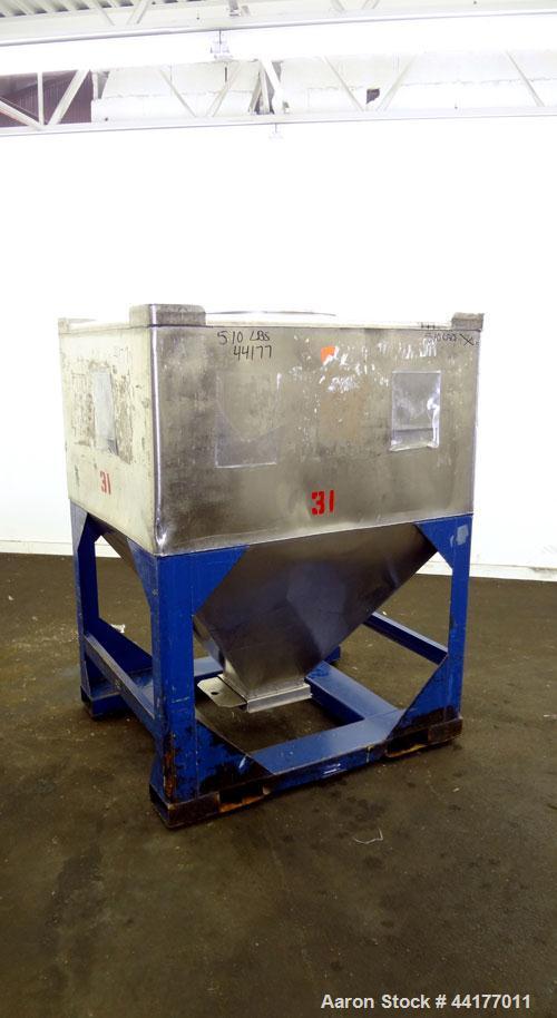 Used Mid-States Manufacturing & Engineering Powder Tote Bin, 304 Stainless Steel. Approximate 56.8 cubic feet capacity. 53" Long x 44" wide x 27.5" straight side x 35" coned bottom. 23" Diameter top ...