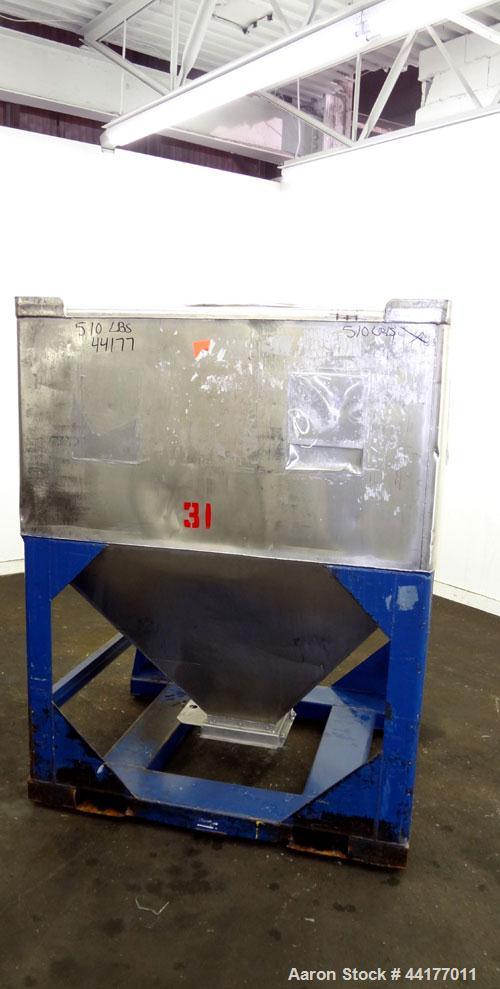 Used Mid-States Manufacturing & Engineering Powder Tote Bin, 304 Stainless Steel. Approximate 56.8 cubic feet capacity. 53" Long x 44" wide x 27.5" straight side x 35" coned bottom. 23" Diameter top ...
