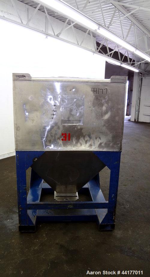 Used Mid-States Manufacturing & Engineering Powder Tote Bin, 304 Stainless Steel. Approximate 56.8 cubic feet capacity. 53" Long x 44" wide x 27.5" straight side x 35" coned bottom. 23" Diameter top ...