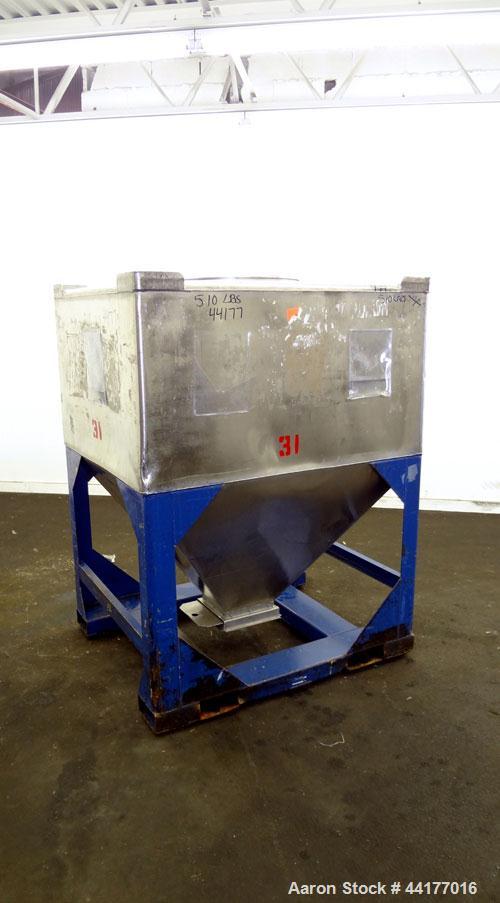 Used Mid-States Manufacturing & Engineering Powder Tote Bin, 304 Stainless Steel. Approximate 56.8 cubic feet capacity. 53” Long x 44” wide x 27.5” straight side x 35” coned bottom. 23” Diameter top ...
